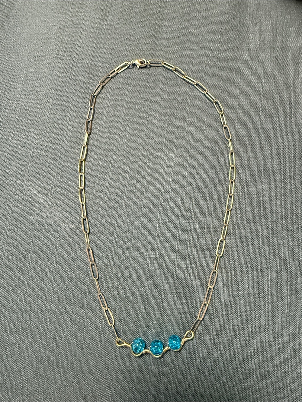 Gold Chain Necklace with Three Blue Crystal Accents